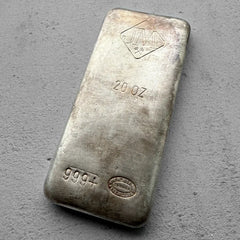 Vintage 20 oz .999 Silver Johnson Matthey Poured bar - Attractive example