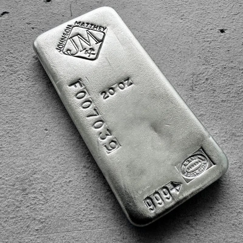 Vintage 20 oz .999 Silver Johnson Matthey Poured bar - F Serial
