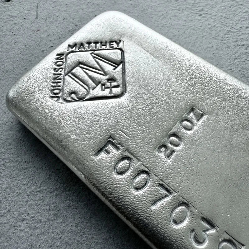 Vintage 20 oz .999 Silver Johnson Matthey Poured bar - F Serial