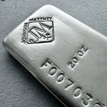 Load image into Gallery viewer, Vintage 20 oz .999 Silver Johnson Matthey Poured bar - F Serial
