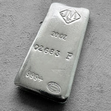 Load image into Gallery viewer, Vintage 20 oz .999 Silver Johnson Matthey Poured bar - F Serial Horizontal
