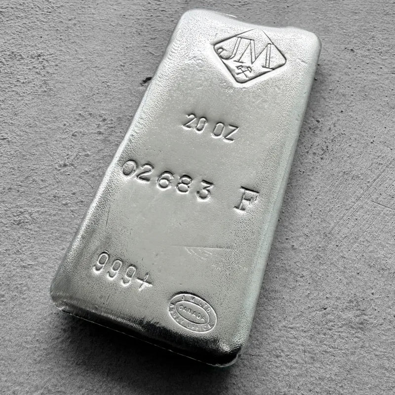 Vintage 20 oz .999 Silver Johnson Matthey Poured bar - F Serial Horizontal