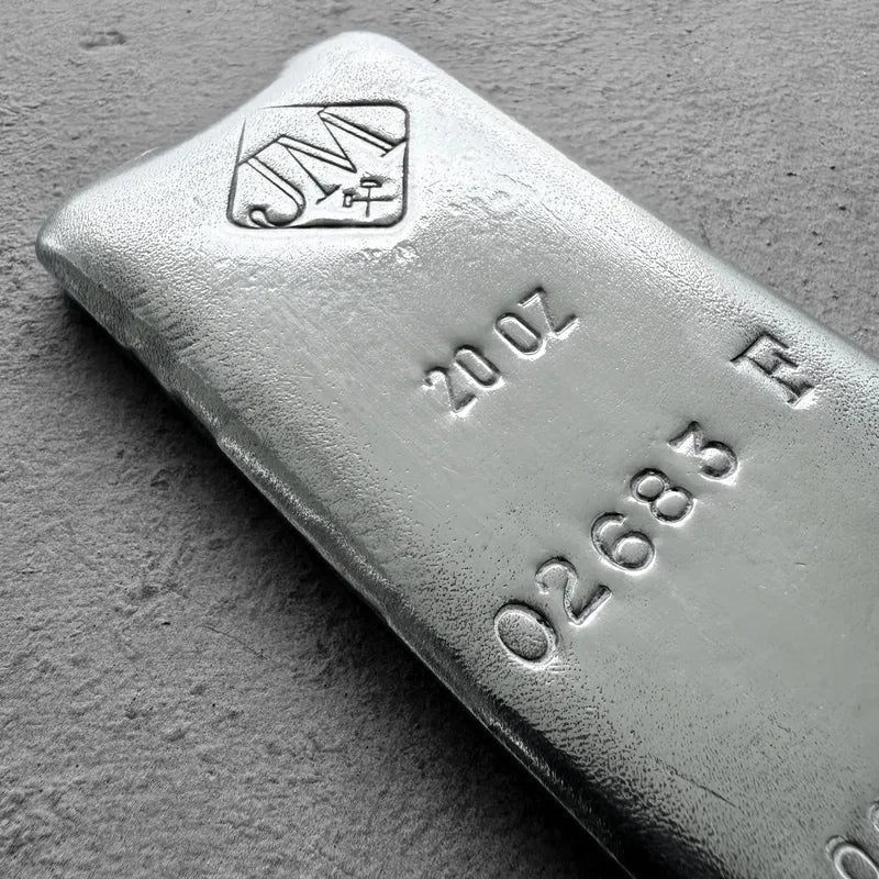 Vintage 20 oz .999 Silver Johnson Matthey Poured bar - F Serial Horizontal