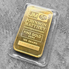 Vintage Johnson Matthey 100 Gram Gold struck Bar .9999 Sealed - Logo back