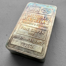 Load image into Gallery viewer, Vintage Johnson Matthey 100 oz .999 Silver Bar - Nice Rainbow toning!
