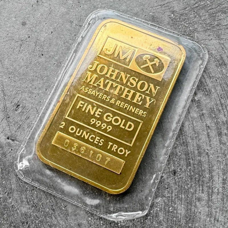 Vintage Johnson Matthey 2 oz Gold struck Bar .9999 2oz - Logo Back