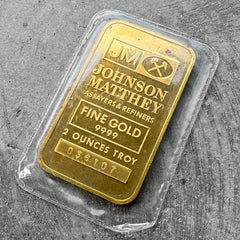 Vintage Johnson Matthey 2 oz Gold struck Bar .9999 2oz - Logo Back