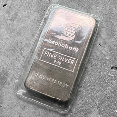 Vintage Johnson Matthey 10 oz .999 Silver bar Scotiabank Scotia - Purple Patina