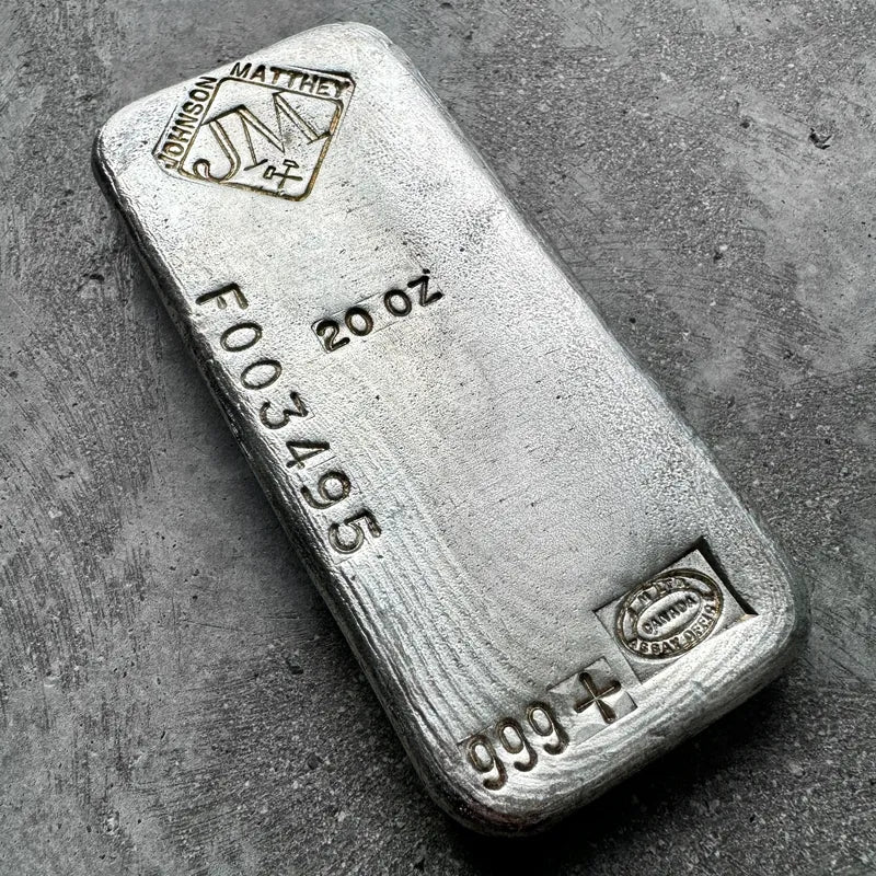 Vintage 20 oz .999 Silver Johnson Matthey Poured bar - F Serial -Nice Pour Lines
