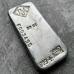 Vintage 20 oz .999 Silver Johnson Matthey Poured bar - F Serial -Nice Pour Lines