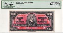 Load image into Gallery viewer, 1937 $1000 Bank of Canada Legacy Gem UNC 67 PPQ Specimen
