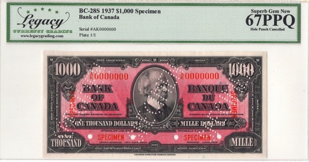 1937 $1000 Bank of Canada Legacy Gem UNC 67 PPQ Specimen