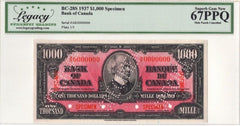 1937 $1000 Bank of Canada Legacy Gem UNC 67 PPQ Specimen