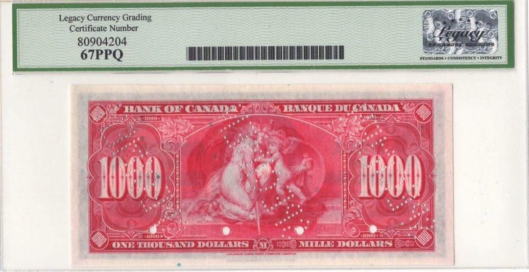 1937 $1000 Bank of Canada Legacy Gem UNC 67 PPQ Specimen