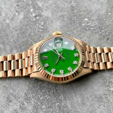 Load image into Gallery viewer, 1974 Rolex President Rose Gold 6917 New Old Stock Green Diamond Stella Dial NOS
