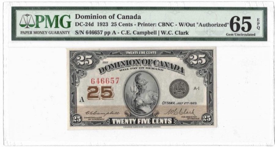 1923 Dominion of Canada 25 Cents Banknote DC-24d - PMG Gem UNC-65 EPQ