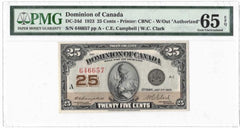 1923 Dominion of Canada 25 Cents Banknote DC-24d - PMG Gem UNC-65 EPQ