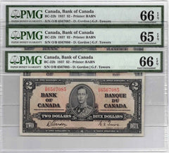 3 Consecutive 1937 Bank of Canada $2 Banknotes BC-22b - PMG Gem UNC-65/66 EPQ