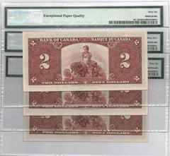 3 Consecutive 1937 Bank of Canada $2 Banknotes BC-22b - PMG Gem UNC-65/66 EPQ