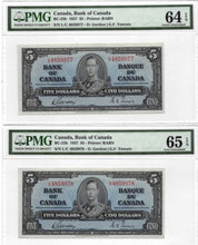 Load image into Gallery viewer, 2 Consecutive 1937 Bank of Canada $5 Banknotes BC-23b - PMG UNC-64/65 EPQ
