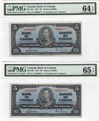 2 Consecutive 1937 Bank of Canada $5 Banknotes BC-23b - PMG UNC-64/65 EPQ
