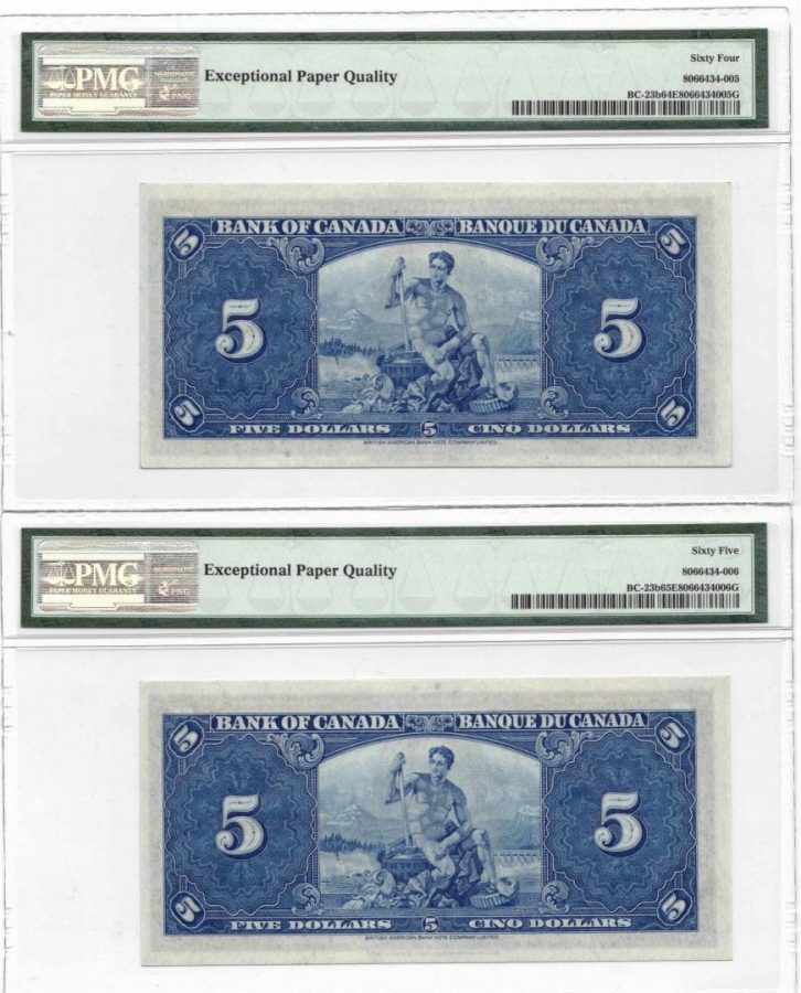 2 Consecutive 1937 Bank of Canada $5 Banknotes BC-23b - PMG UNC-64/65 EPQ