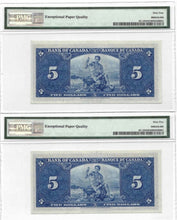 Load image into Gallery viewer, 2 Consecutive 1937 Bank of Canada $5 Banknotes BC-23b - PMG UNC-64/65 EPQ
