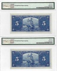 2 Consecutive 1937 Bank of Canada $5 Banknotes BC-23b - PMG UNC-64/65 EPQ