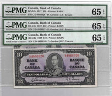 Load image into Gallery viewer, 2 Consecutive 1937 Bank of Canada $10 Banknotes BC-24b - PMG Gem UNC-65 EPQ
