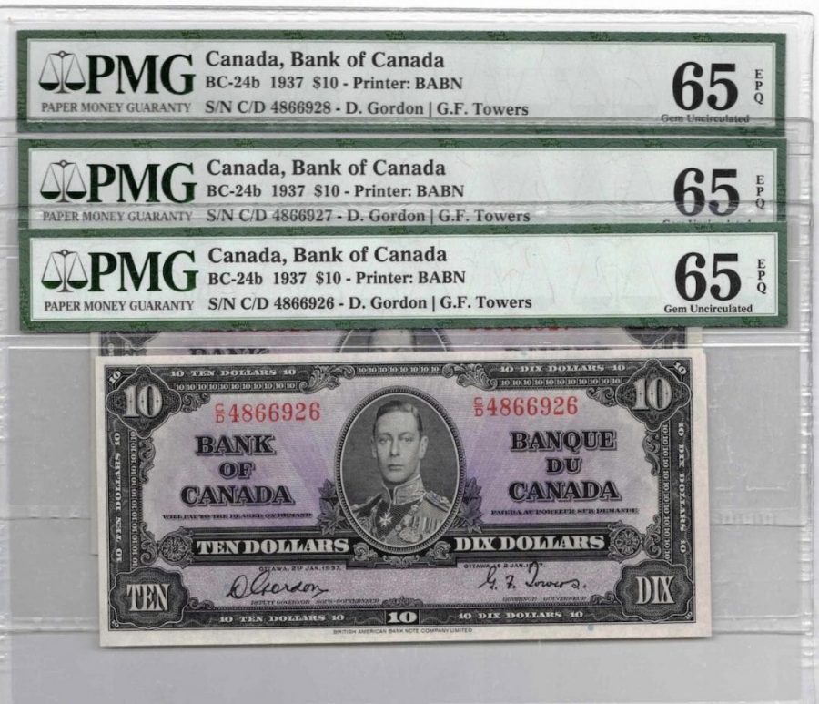 2 Consecutive 1937 Bank of Canada $10 Banknotes BC-24b - PMG Gem UNC-65 EPQ