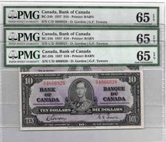 2 Consecutive 1937 Bank of Canada $10 Banknotes BC-24b - PMG Gem UNC-65 EPQ