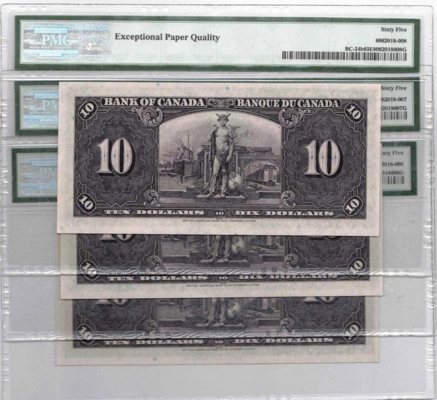 2 Consecutive 1937 Bank of Canada $10 Banknotes BC-24b - PMG Gem UNC-65 EPQ