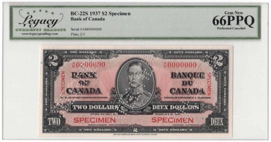 1937 Bank of Canada $2 Specimen Banknote BC-22c - LCG Gem UNC-66 PPQ