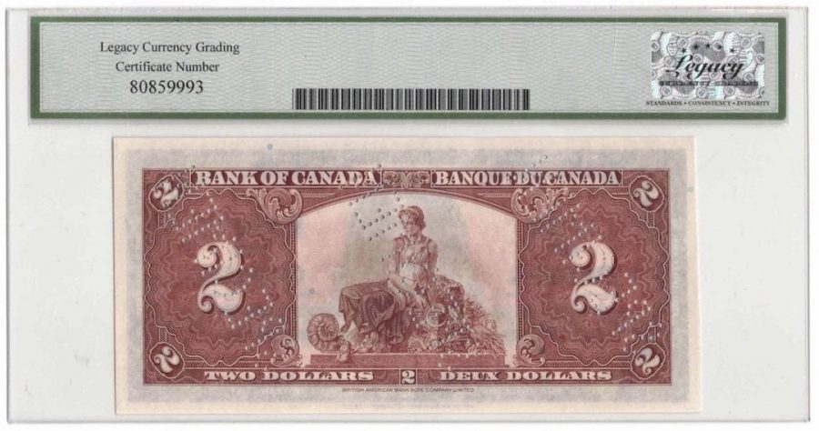 1937 Bank of Canada $2 Specimen Banknote BC-22c - LCG Gem UNC-66 PPQ