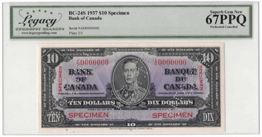 1937 Bank of Canada $10 Specimen Banknote BC-24s - LCG Gem UNC-67 PPQ