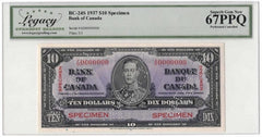 1937 Bank of Canada $10 Specimen Banknote BC-24s - LCG Gem UNC-67 PPQ