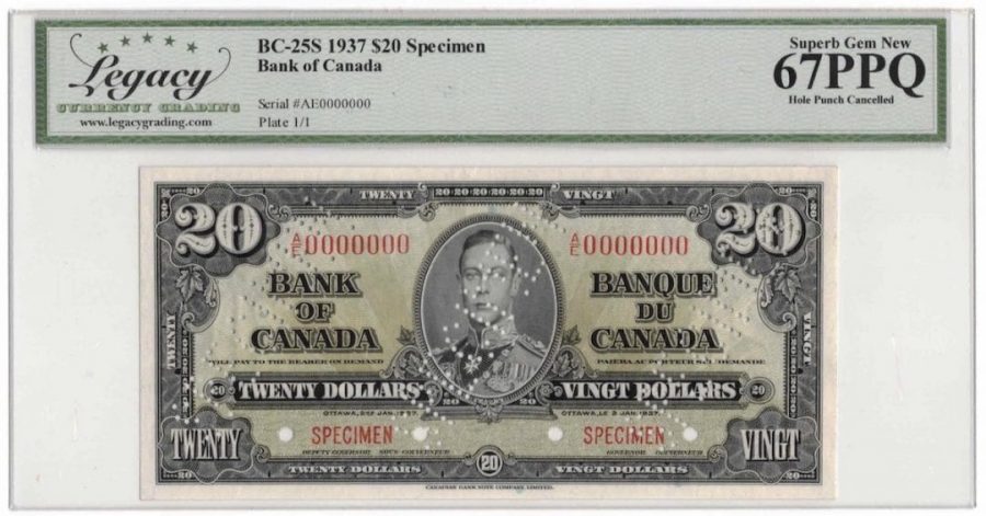 1937 Bank of Canada $20 Specimen Banknote BC-25s - LCG Gem UNC-67 PPQ