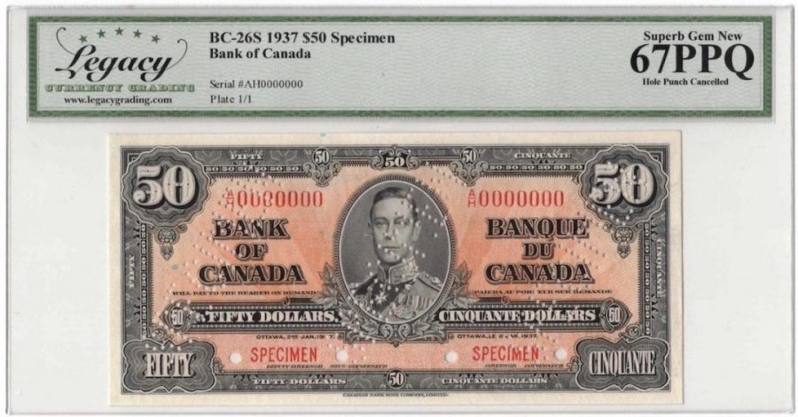 1937 Bank of Canada $50 Specimen Banknote BC-26s - LCG Gem UNC-67 PPQ