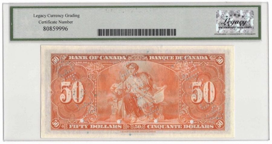 1937 Bank of Canada $50 Specimen Banknote BC-26s - LCG Gem UNC-67 PPQ
