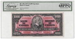 1937 Bank of Canada $1000 Specimen Banknote BC-28s - LCG Gem UNC-68 PPQ
