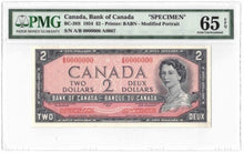 Load image into Gallery viewer, 1954 Bank of Canada $2 Specimen Banknote BC-38s - PMG Gem UNC-65 EPQ

