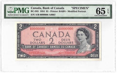 1954 Bank of Canada $2 Specimen Banknote BC-38s - PMG Gem UNC-65 EPQ