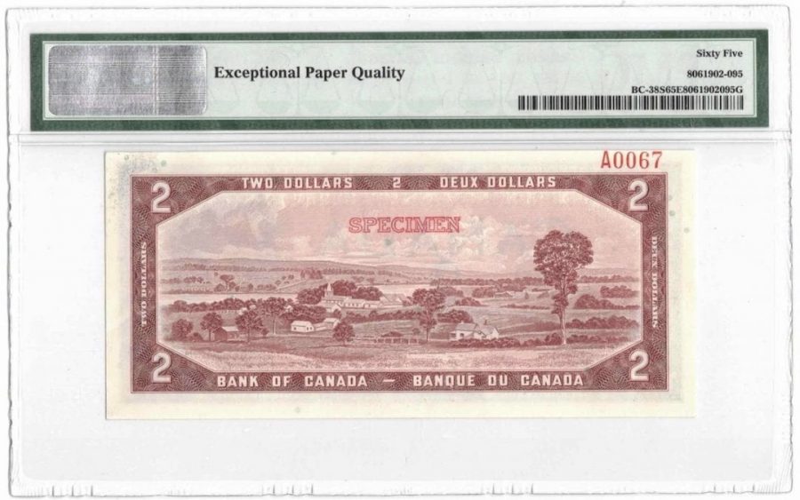 1954 Bank of Canada $2 Specimen Banknote BC-38s - PMG Gem UNC-65 EPQ
