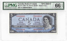 Load image into Gallery viewer, 1954 Bank of Canada $5 Devil Face Specimen Banknote BC-31s - PMG Gem UNC-66 EPQ
