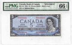 1954 Bank of Canada $5 Devil Face Specimen Banknote BC-31s - PMG Gem UNC-66 EPQ
