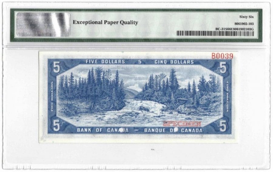 1954 Bank of Canada $5 Devil Face Specimen Banknote BC-31s - PMG Gem UNC-66 EPQ
