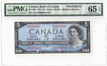 Load image into Gallery viewer, 1954 Bank of Canada $5 Specimen Banknote BC-39s - PMG Gem UNC-65 EPQ
