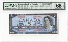 1954 Bank of Canada $5 Specimen Banknote BC-39s - PMG Gem UNC-65 EPQ