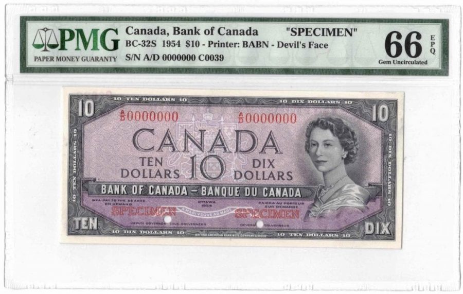1954 Bank of Canada $10 Devil Face Specimen Banknote BC-32s - PMG Gem UNC-66 EPQ