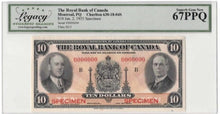 Load image into Gallery viewer, 1935 Royal Bank of Canada $10 Specimen Banknote - LCG Gem UNC-67 PPQ
